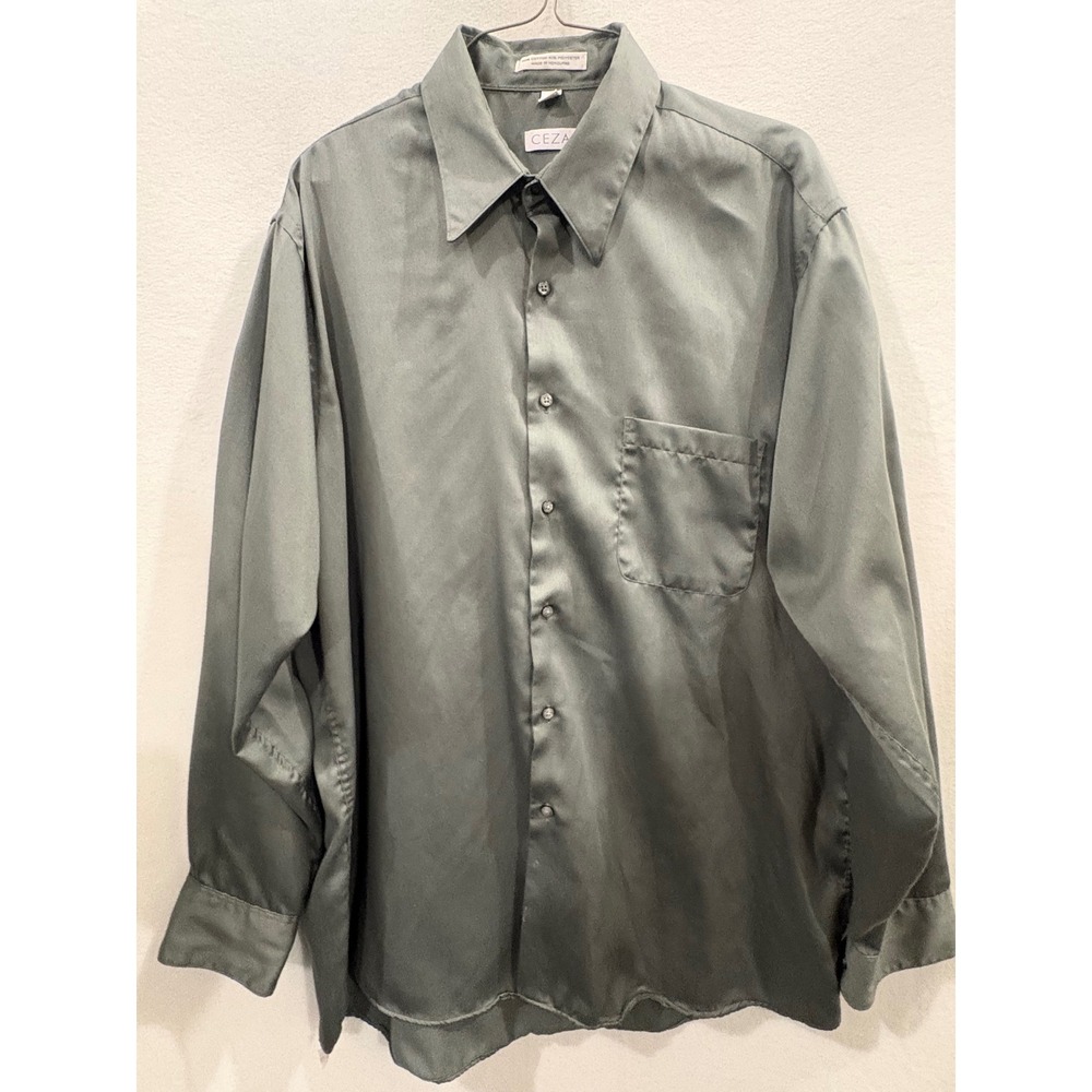 Cezani Mens Sage Green Satin Sheen Button Down Dress Shirt 16.5 34/35